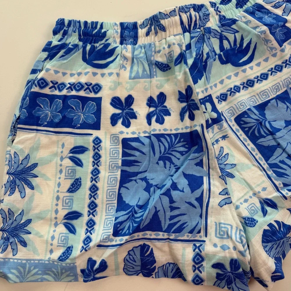 Hudson Gray Blue Summer Beach Tropical Palm Drawstring Shorts Womens Medium